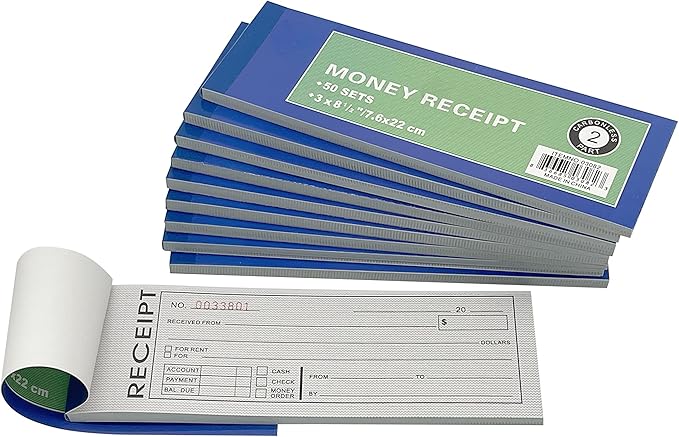 Cotton Fly 10 Pack Pre-Numbered Money and Rent Receipt Book, 2-Part Carbonless Duplicate Cash Invoice Book, 50 Sets per Book, 8.5 x 2.75 Inches