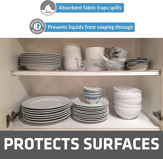 Drymate Premium Luxury Shelf & Drawer Liner, Thick Cushioned Fabric, Non-Adhesive, Absorbent, Waterproof, Slip-Resistant, Liners for Kitchen Cabinets, Cupboards (USA Made)(12”x59”)(24-Pack)(White)