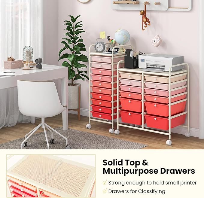 Giantex 12 Drawer Rolling Storage Cart Tools Scrapbook Paper Office School Organizer (Pink Gradient)