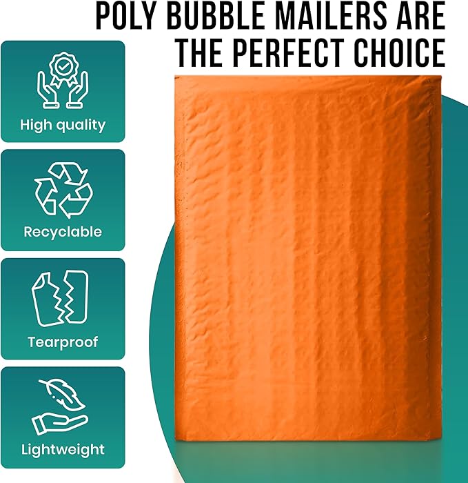 Levex - #0 6" x 10" [5 Pack] Orange Poly Bubble Mailers, Padded Envelope Mailers, Packing Envelope & Mailing Bags for Shipping