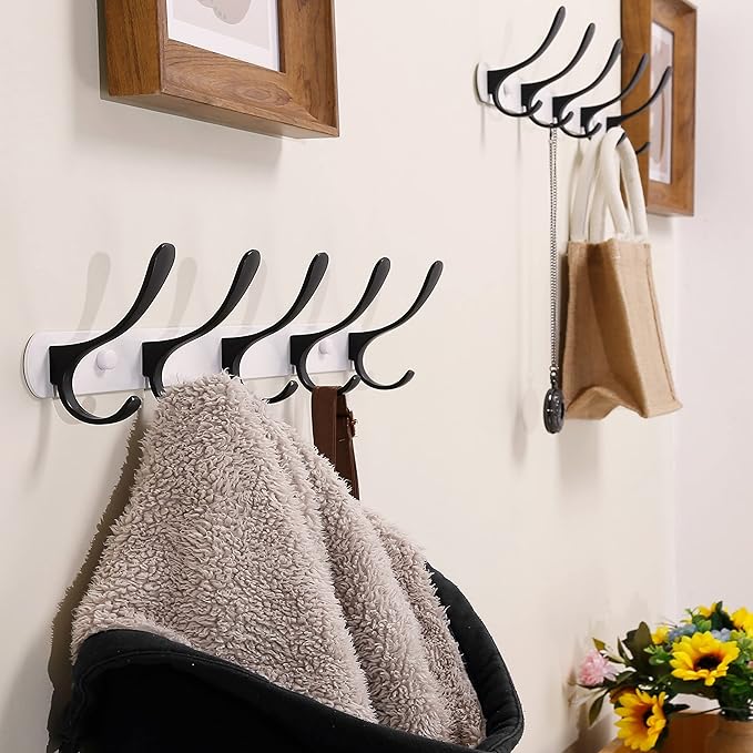 SKOLOO Modern Metal Wall Coat Rack with 5 Hooks, Pack of 2, Sturdy Wall Hook Rack Rail for Hanging Coat, Jacket, Clothes, Hat, Black on White