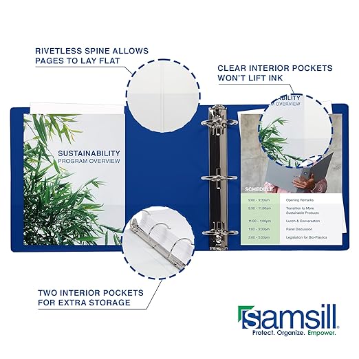 Samsill 1 Inch 3 Ring Binders, Made in USA, Economy Round Ring, Clear View Cover, 200 Sheet Capacity - for School, Home, Office - Blue, 4 Pack