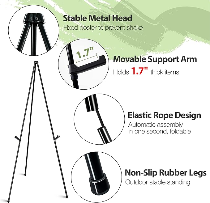 VAIIGO 63" Easel Stand for Wedding Sign Poster Display Easel Floor Adjustable Metal Black Art Easel Instant Folding Tripod Easel for Painting Canvas Wedding Welcome Sign Stand, 1Pack