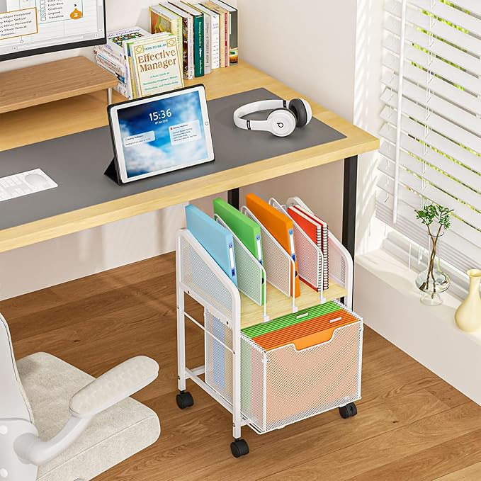 Tiaoheka Rolling File Cabinet with Adjustable Dividers, Mobile Filing Cabinet with Storage Drawer on Lockable Wheels, Hanging File Organizer Beside Under Desk for Office, Home, White（Patent Pending）