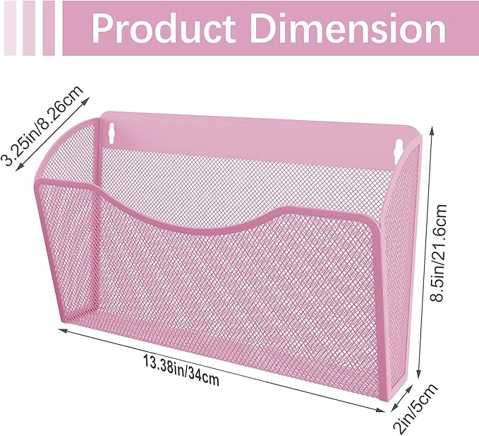 EasyPAG 3 Single Pocket Wall File Organizer, Mesh Hanging File Folder Organizer for Letter/A4 Size Folders, Wall Mounted Vertical Mail Holder for Paperwork, Office, Home, School, Pink