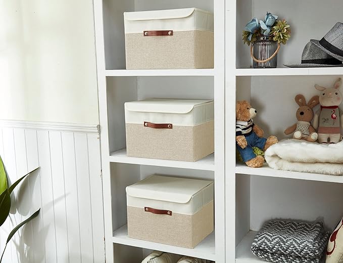 DECOMOMO Fabric Storage Bins with Lid, Storage Baskets for Shelves (Beige and White, 3 Pack)