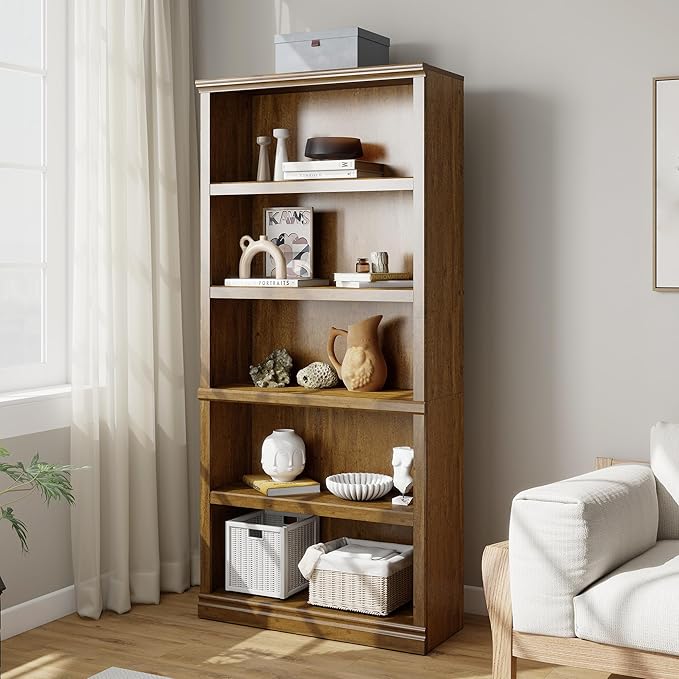 Bevfint 70 in Tall Bookcase, White Bookshelf Open Storage 5-Tier Shelves, 33 inch Wide Floor Standing Indoor Furniture, Book Cases for Home School Library Office Bedroom Kids, Vintage Oak 5 Tiers