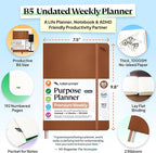 Roterunner Purpose Planner Notebook B5 7.5”x9.8” Undated 2026 Daily Weekly and Monthly Productivity Goal Setting Tool for Work Home ADHD Planner for Adults Self Care Journal