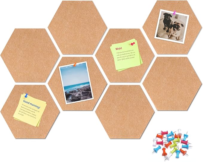 Uoisaiko 12" Large Bulletin Board with 30 Push Pins, Pack of 8 Hexagon Felt Pin Board Notice Boards for Home Office, Felt Wall Tiles for Photos Memos (Brown)