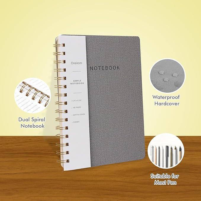 Spiral Notebook-5.75" x 8.125" College Ruled Journal with Inner Pockets and 160 Pages,PU Leather Cover Business Journal, Twin-Wire Binding Notebook Perfect for Office & Home School Supplies 3 pack Grey