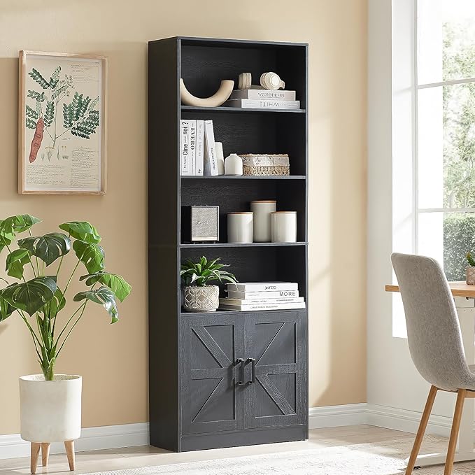 RWYHG 70in Tall Bookshelf 6 Tier Bookcase with Barn Doors and Adjustable Shelf, Black Farmhouse Book Shelves with Storage Cabinet,Wood Floor Standing Display Bookshelve for Bedroom,Living Room,Kitchen