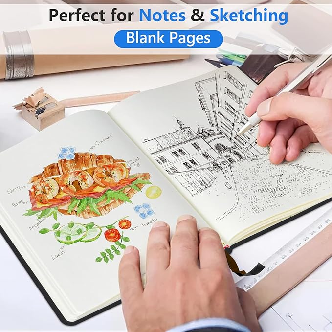 PERCUN Blank Journal Ntebook for Men & Women, 160 Pages Blank Journals for Writing, Drawing,Sketch Book,5.9" x 8.5" Leather Sketchbook, Unlined Notebook for Work, School, Art (Black)