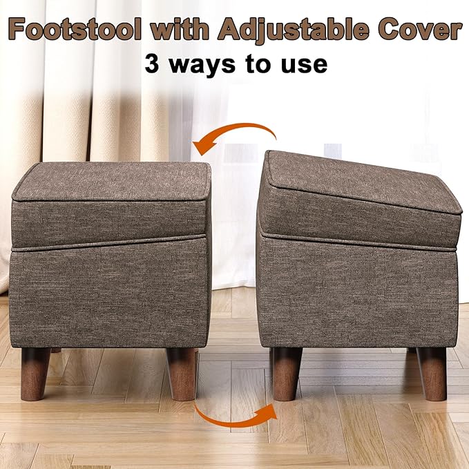 FAGAGA Storage Ottoman with Adjustable Cover, Soft Step Stool, Footrest and Seat, Ottoman Foot Rest for Living Room, Bedroom, Dorm, Brown