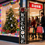 Double-sided Merry Christmas Wooden Sign Stand with Magnetic-adhesive Wreath for Front Door, 47" Farmhouse Vertical Snowman Welcome Porch Sign, 2in1 Tall Xmas Porch Leaner Decor