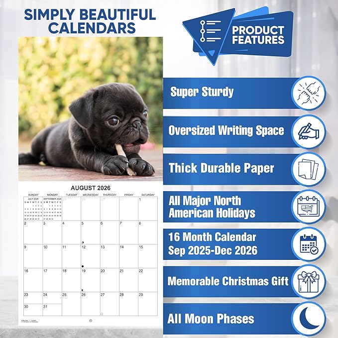 2026 Pugs Monthly Wall Calendar | Cute Dogs Calendar September 2025 - December 2026