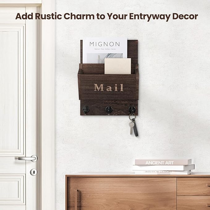 Lucundm Mail and Key Holder - Decorative 9.8" x 12.5" Wall Key Hanger with 2 Mail Organizer Slots and 3 Hooks - Real Paulownia Wood with Keyhole Brackets, Hardware and Instructions (Brown)