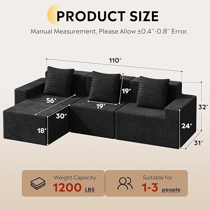 WLIVE 110'' Boneless Couch for Living Room, Modular Sectional Sofa, Cloud Memory Foam Couch L Shape with Chaise, Black
