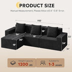 WLIVE 110'' Boneless Couch for Living Room, Modular Sectional Sofa, Cloud Memory Foam Couch L Shape with Chaise, Black