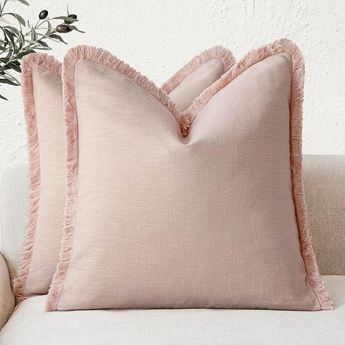Foindtower Set of 2 Decorative Linen Fringe Throw Pillow Covers Boho Farmhouse Cushion Cover with Tassels Soft Accent Pillowcase for Couch Chair Sofa Bed Living Room Home Decor,20×20 Inch,Light Pink