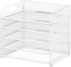 Cawukege 5 Tier Paper Organizer with Handle, Metal Mesh Desk Organizer File Folder Paper Letter Tray Desktop Document Sorter for Classroom, School, Office Accessories Organization and Storage - White