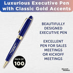 DISCOUNT PROMOS 100 Ultra Executive Pens Pack - Customizable Text, Logo - Twist To Write, Gold Accent - Blue
