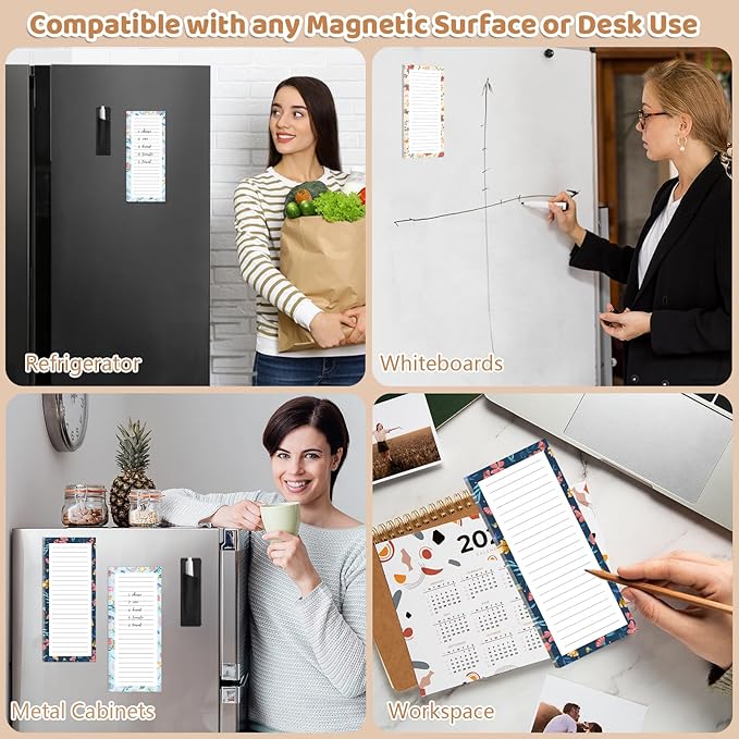Thboxes 4 Pack Magnetic Note Pad for Fridge with Pen Holder, Totally 200 Sheets Magnetic To Do List, Shopping List, Grocery List, Memo Pads for Refrigerator（Floral Design）
