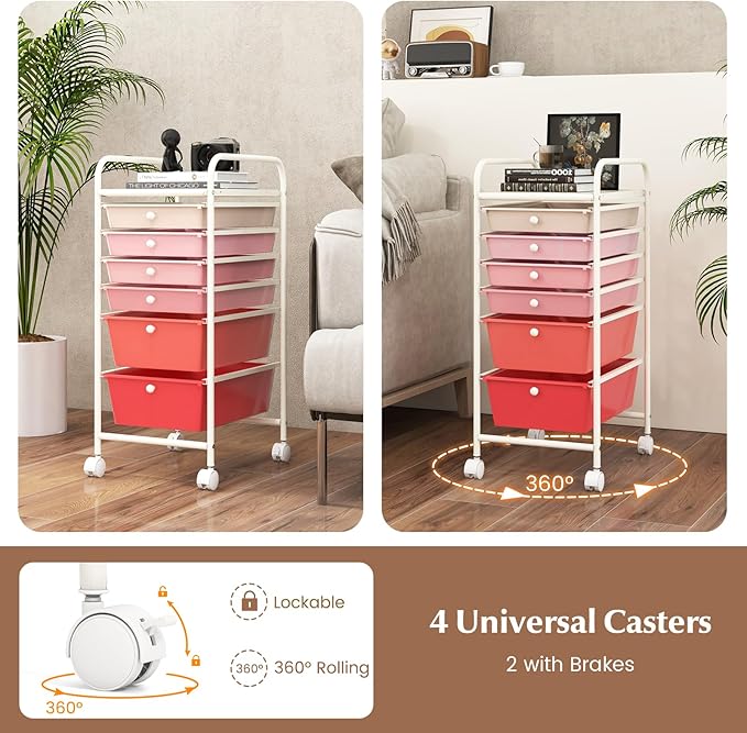 RELAX4LIFE 6-Drawer Rolling Storage Cart - Classroom Organization on Wheels w/Removable Plastic Drawers, Mobile Art Craft Cart for School Paper Home Office, Utility Cart with Drawers (Gradient Pink)