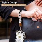 2-in-1 ID Badge Holder & Lanyard Wallet for Womens Cute Black Flower Leather Zip ID Case Wallet with Breakaway Wrist & Neck Lanyard, Clear Window, 5 Card Slots, Ring Keychain for Worker Teacher Nurse