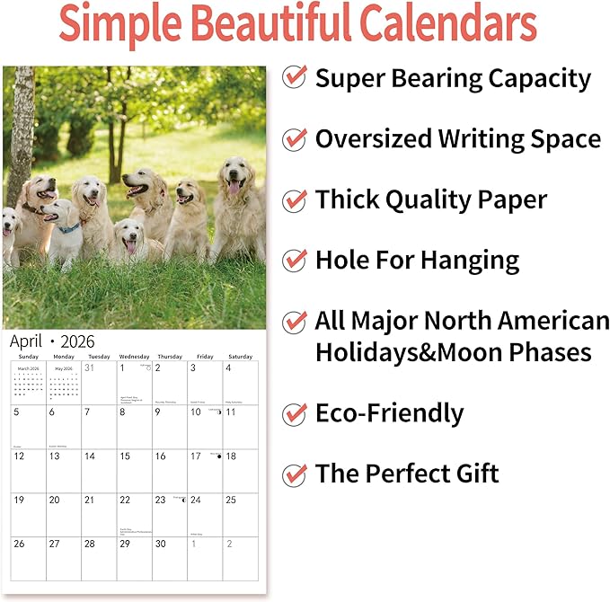 2026 Wall Calendar,Calendar 2026, November 2025 - December 2026, Wall Calendar Golden Retrievers, 12" x 24" Opened,Full Page Months Thick & Sturdy Paper for Calendar Organizing & Planning