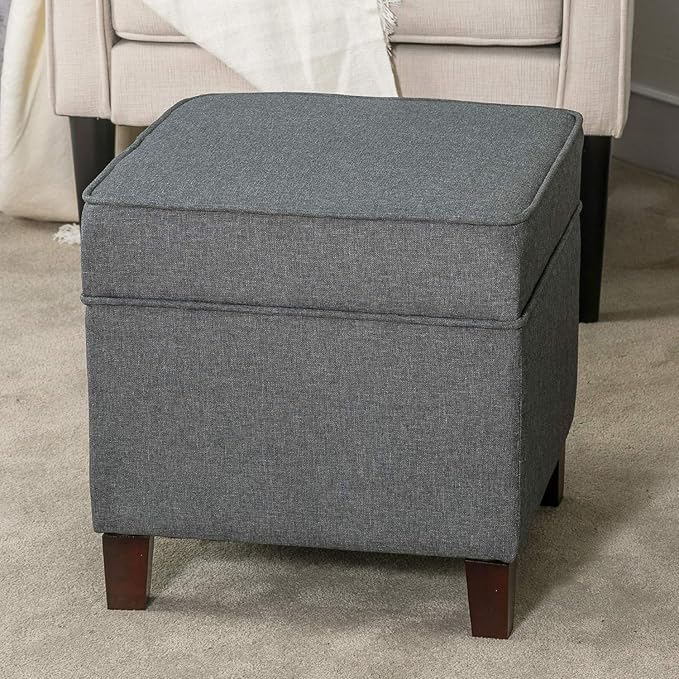 Asense 17 Inch Square Storage Ottoman,Small Foot Rest Stool for Couch, Linen Fabric Upholstered Footstool Cube for Entryway Bedroom Living Room, Dark Grey