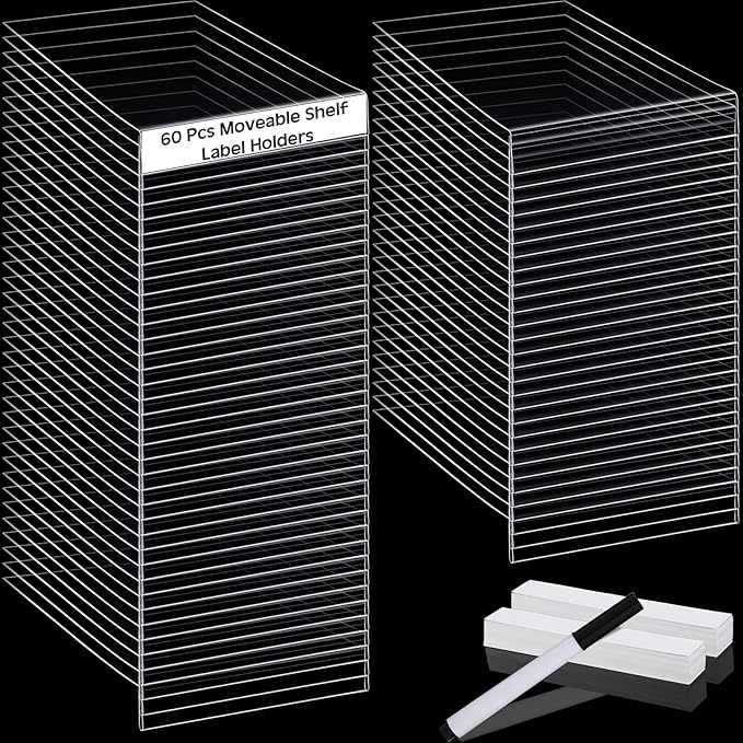 Containlol 60 Sets Moveable Shelf Label Display Holders with Label Inserts and Marker Clear Shelves Tag Plastic Shelf Markers Teachers Gift for Classroom Office Book Shelves(6.5 x 5.1 x 0.8 Inch)