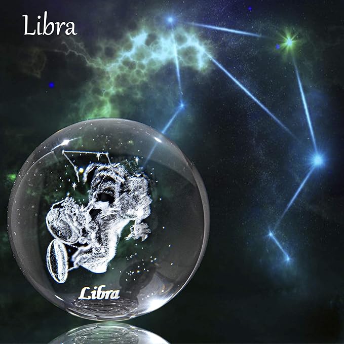 3D Laser Constellation Crystal Ball Crystal Paperweight Full Sphere Glass Fengshui with Sliver-Plated Flowering Stand(Libra)