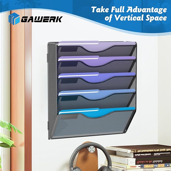 Gawerk 5 Tier Hanging Wall File Organizer, Mesh Mail Paper Orgnization Hanging File Folder Holder for Home Office, Black