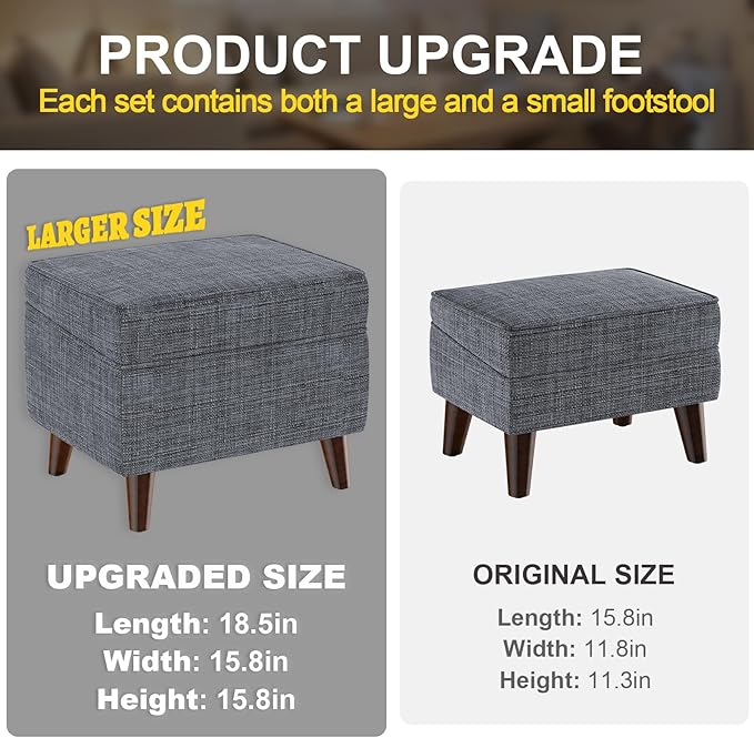 FAGAGA Storage Ottomans with Adjustable Cover, BOGO, Step Stool, Footrest and Seat, Ottoman Foot Rest Set for Living Room, Bedroom, Dorm, Light Gray