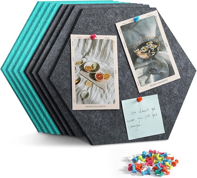 Uoisaiko 12" Large Bulletin Board with 30 Push Pins, Pack of 8 Hexagon Felt Pin Board Notice Boards for Home Office, Felt Wall Tiles for Photos Memos