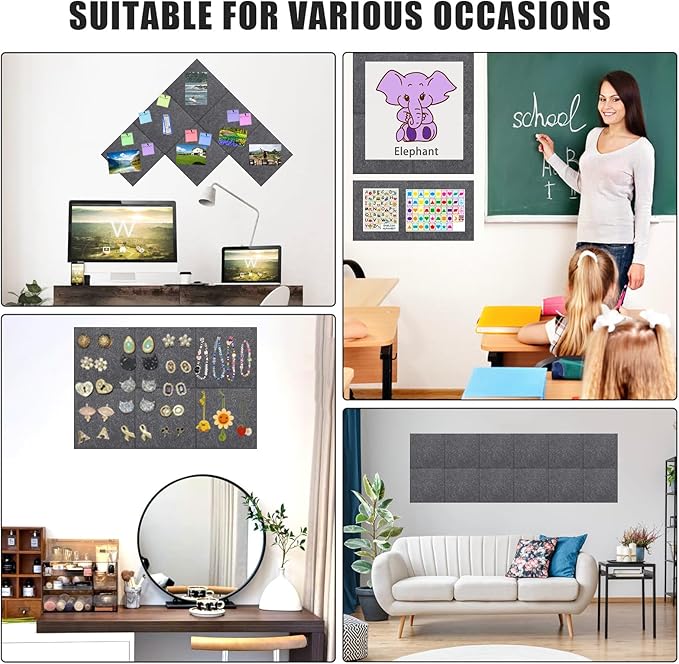 Large Cork Board Alternative 48" X 36" Bulletin Board - 12 Pack Removable Felt Wall Tiles with 30 pushpins, Large Cork Boards for Walls Cork Board for Office Pin Board Tack Board - Dark Gray