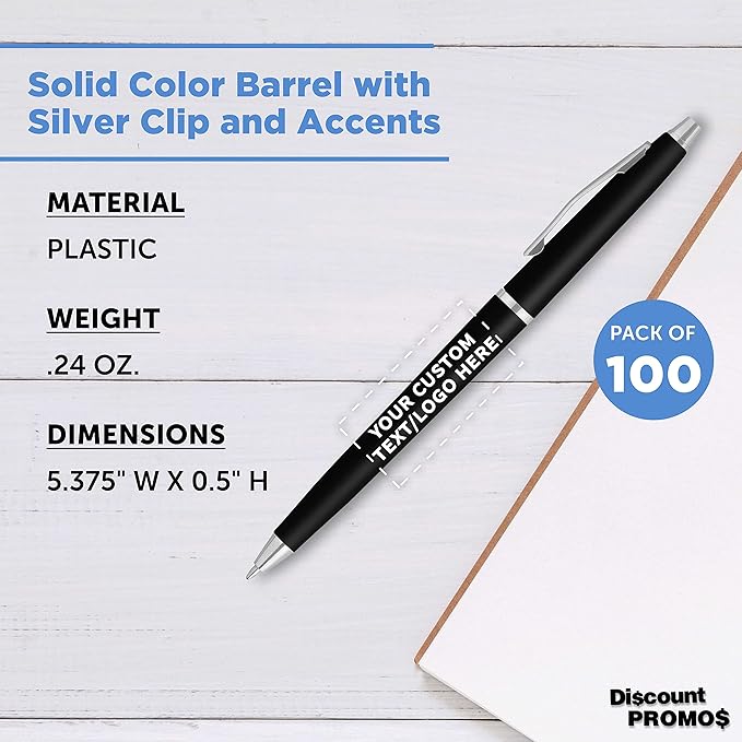 DISCOUNT PROMOS Custom Langham Ballpoint Pens Set of 100, Personalized Bulk Pack - Black Ink, Great for Office, School, Business, Tradeshows - Black