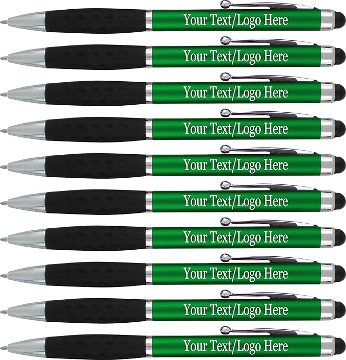 SyPen Personalized Stylus Pens With your Custom Logo or Text -300 Pack Bulk-for Businesses, Parties, and Events, 2 in 1 Ballpoint Pen & Stylus for Touchscreen Devices, Green Barrel, Black Ink