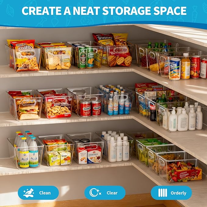 KJIXYUNG 4 Pack Clear Stackable Storage Bins with Lids, Large Plastic Pantry Organizers and Storage Containers for Kitchen Cabinet, Fridge, Closet, Bathroom - BPA-Free Home Organization Must Haves