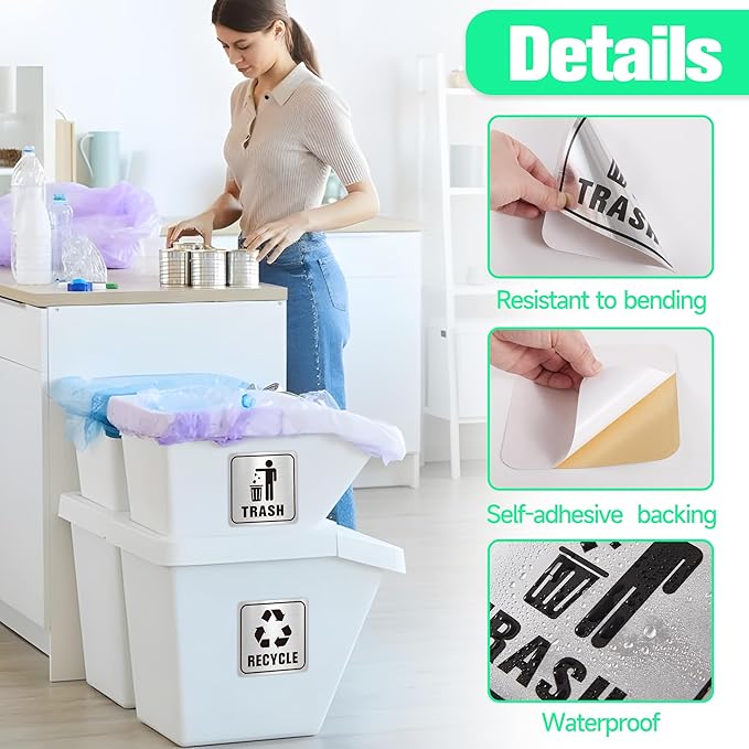 2PCS Recycle Stickers for Trash Bins, Self-Adhesive Waterproof Brushed Silver Trash and Recycling Stickers for Trash Can, Kitchen, Office, Garbage Bin Indoor, Outdoor Use