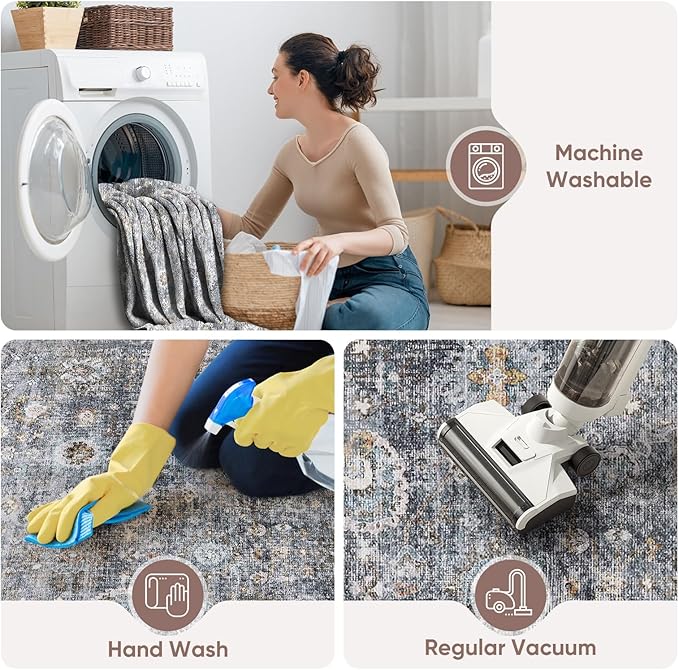 Rugcomf 9x12 Rug Washable Boho Soft Large Area Rug Non-Slip Faux Wool Vintage Rug for Living Room, Farmhouse, Dining Room, Indoor, Kids Playroom (Grey)