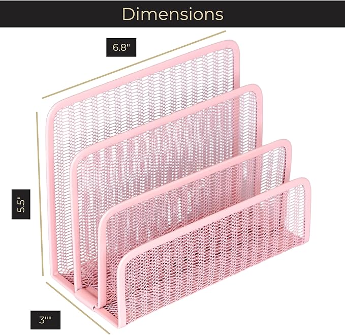 BLU MONACO | Pink Metal Mesh Letter Sorter with 3 Slots | Vertical Mail Organizer for Desk, Office & Home | Stylish Mail Holder for Envelopes, Documents & Files