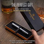 Scriveiner Silver Chrome Fountain Pen (Medium), Award Winning Luxury Pen, Heavy Pocket Pen, Chrome Finish, Schmidt Nib, Converter, Best EDC Writing Pen Gift Set for Men & Women, Nice Office Fancy Pen