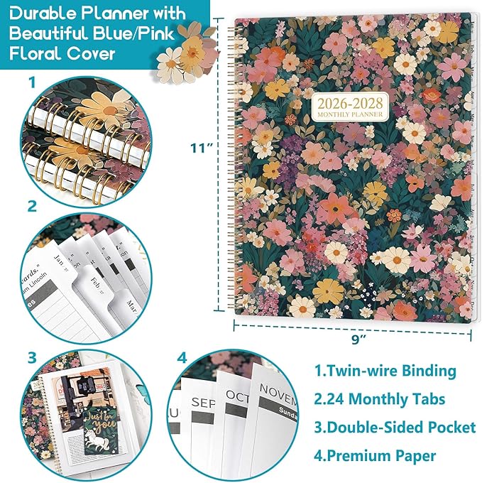 2026-2028 Monthly Planner - 2 Year Monthly Planner/Calendar 2026-2028, July 2026 - June 2028, 9" x 11", 24 Monthly Tabs, Double-Sided Pocket, Twin-wire Binding, Holidays, Inspirational Quotes
