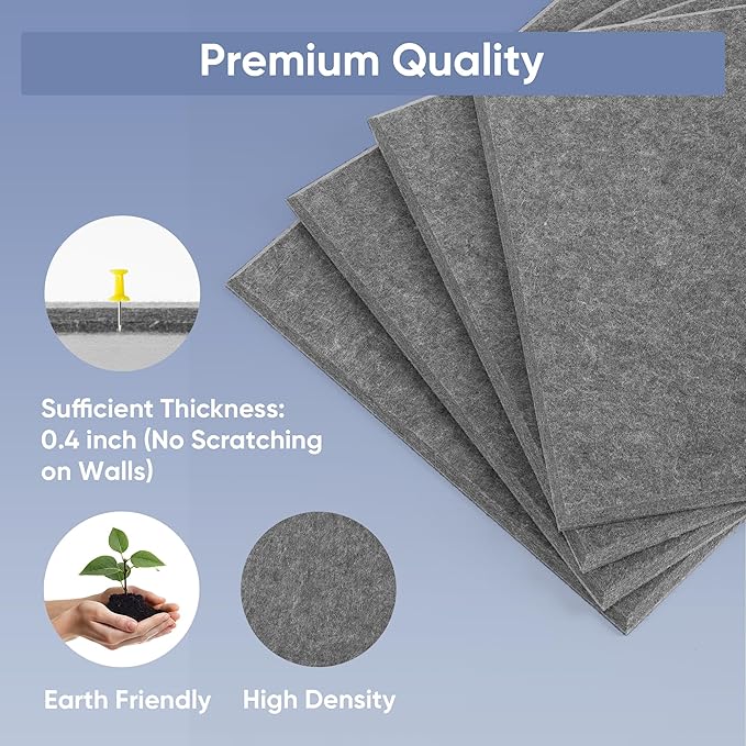 VUSIGN Large Cork Board for Wall 47"x35", 12 Pack Bulletin Board, Felt Wall Tiles with Adhesive Tabs and Push Pins, Push Pin Board for Office, School, Home, Grey