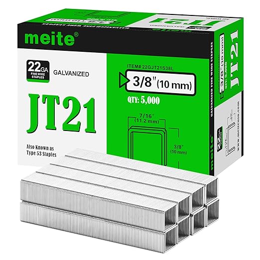meite JT21 Staples, 3/8 Inch Galvanized Fine Wire Staples for Staple Gun - 5,000 Counts, 7/16" Crown JT21 Staple Refill, Ideal for Upholstery, Crafts, Furniture