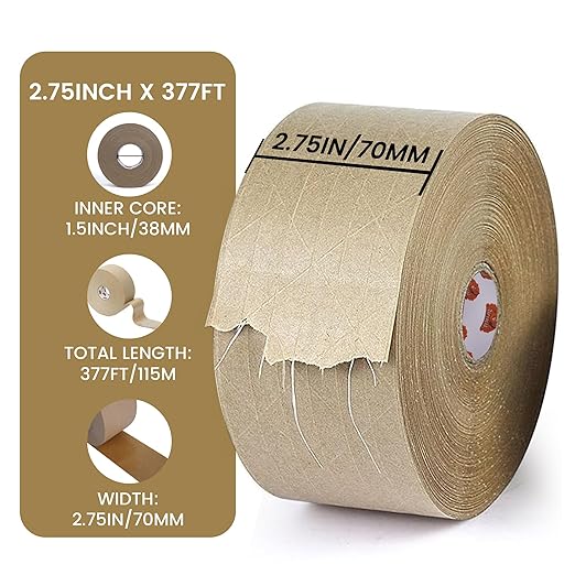 TAPEBEAR 1.5" Core Water Activated Tape, Fiber Reinforced Gummed Tape 2.75inch x 377ft, Eco-Friendly Kraft Paper Tape Biodegradable Brown Packing Tape for Security Sealing, Packaging, Shipping, 2Rolls