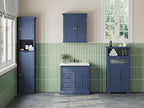 ChooChoo Bathroom Floor Storage Cabinet with Flip Glass Drawer, Freestanding with 2 Doors, Adjustable Shelf & 1 Open Storage for Living Room, Hallway, Navy Blue