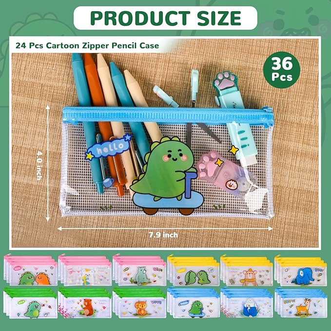 Ulema 36 Pcs Back to School Gifts Cartoon Mesh Pencil Pouch Bags Plastic Zipper Pouch 8×4 Inch for Classroom Organization School Office Supplies (36)