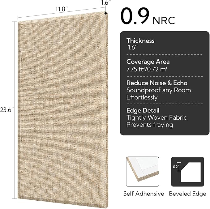 Olanglab Fiberglass Acoustic Wall Panels 4 Pack, 11.8'' x 23.6'' Sound Panels, Fabric Wrapped Sound Proof Panels for Walls (Khaki)